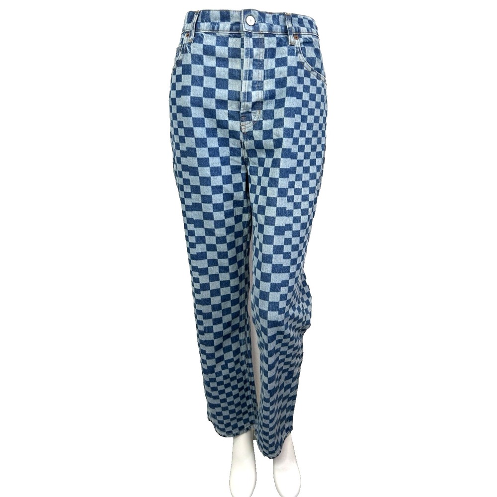 Reformation Cynthia Checkerboard Jeans High Rise Straight Leg Blue Denim Size 30